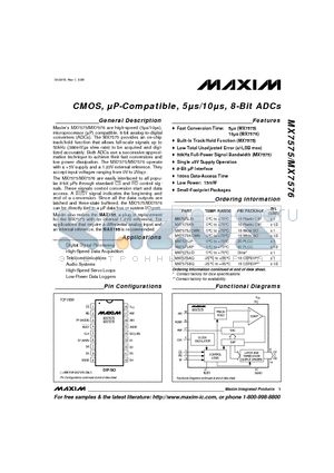 MX7576JCWN datasheet - CMOS, uP-Compatible, 5ls/10ls, 8-Bit ADCs