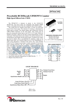 IN74AC192 datasheet - Presettable BCD/Decade UP/DOWN Counter High-Speed Silicon-Gate CMOS