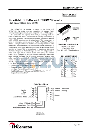 IN74AC192D datasheet - Presettable BCD/Decade UP/DOWN Counter High-Speed Silicon-Gate CMOS