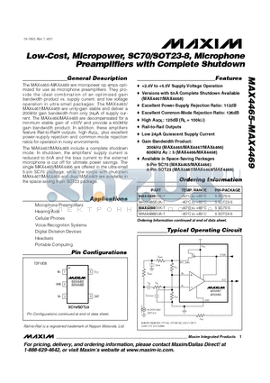 MAX4466 datasheet - Low-Cost, Micropower, SC70/SOT23-8, Microphone Preamplifiers with Complete Shutdown