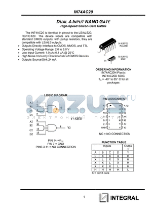 IN74AC20D datasheet - DUAL 4-INPUT NAND GATE High-Speed Silicon-Gate CMOS
