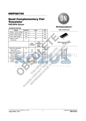 MMPQ6700 datasheet - Quad Complementary Pair Transistor PNP/NPN Silicon