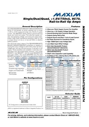 MAX4471ESA+ datasheet - Single/Dual/Quad, 1.8V/750nA, SC70, Rail-to-Rail Op Amps