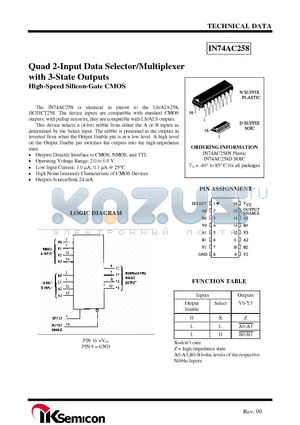 IN74AC258 datasheet - Quad 2-Input Data Selector/Multiplexer with 3-State Outputs High-Speed Silicon-Gate CMOS