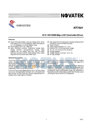 NT7501H-BDT datasheet - 33 X 100 RAM-Map LCD Controller/Driver
