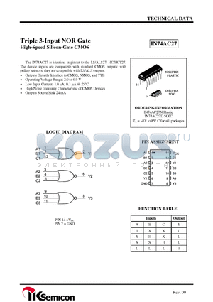 IN74AC27D datasheet - Triple 3-Input NOR Gate High-Speed Silicon-Gate CMOS