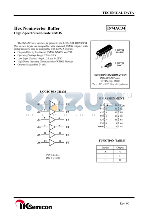 IN74AC34D datasheet - Hex Noninverter Buffer High-Speed Silicon-Gate CMOS