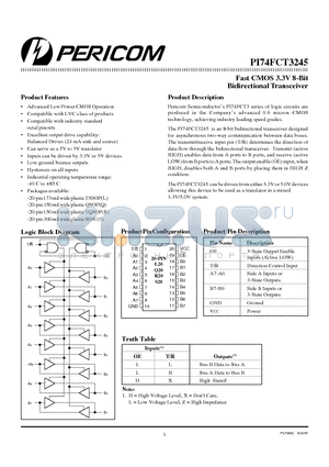 PI74FCT3245 datasheet - Fast CMOS 3.3V 8-Bit Bidirectional Transceiver