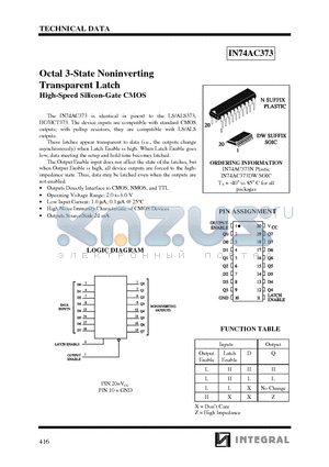 IN74AC373DW datasheet - Octal 3-State Noninverting Transparent Latch High-Speed Silicon-Gate CMOS