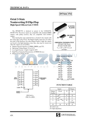 IN74AC374N datasheet - Octal 3-State Noninverting D Flip-Flop High-Speed Silicon-Gate CMOS