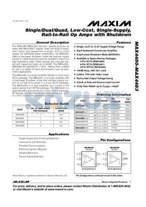 MAX4481AXT-T datasheet - Single/Dual/Quad, Low-Cost, Single-Supply, Rail-to-Rail Op Amps with Shutdown