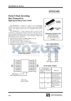 IN74AC640 datasheet - Octal 3-State Inverting Bus Transceiver