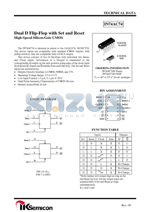 IN74AC74D datasheet - Dual D Flip-Flop with Set and Reset High-Speed Silicon-Gate CMOS