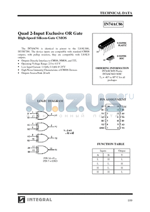 IN74AC86D datasheet - Quad 2-Input Exclusive OR Gate High-Speed Silicon-Gate CMOS