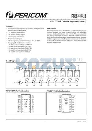 PI74FCT574DTSE datasheet - Fast CMOS Octal D Registers (3-State)