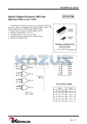 IN74AC86D datasheet - Quad 2-Input Exclusive OR Gate High-Speed Silicon-Gate CMOS