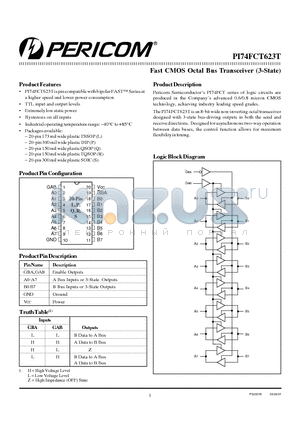 PI74FCT623T datasheet - FAST CMOS OCTAL BUS TRANSCEIVER (3-STATE)