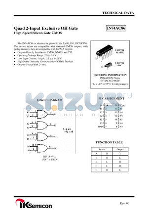 IN74AC86N datasheet - Quad 2-Input Exclusive OR Gate High-Speed Silicon-Gate CMOS