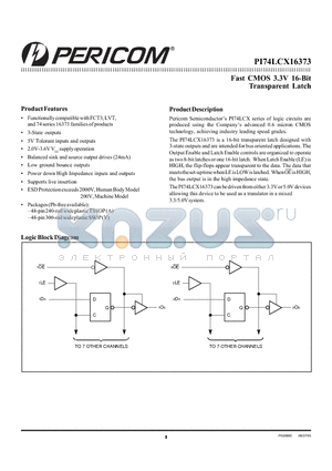 PI74LCX1673A datasheet - Fast CMOS 3.3V 16-Bit Transparent Latch