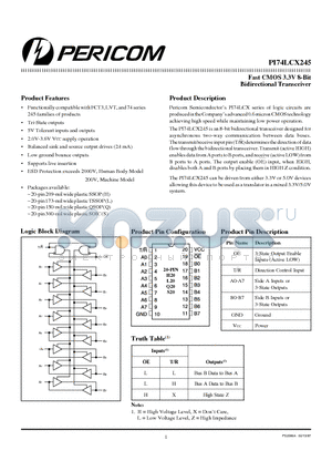 PI74LCX245 datasheet - Fast CMOS 3.3V 8-Bit Bidirectional Transceiver