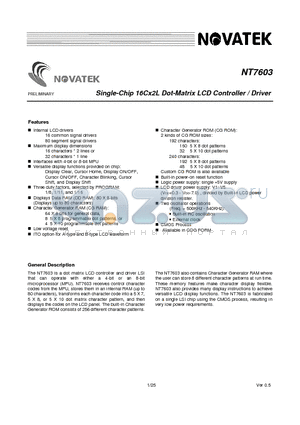 NT7603BDW-01 datasheet - Single-Chip 16Cx2L Dot-Matrix LCD Controller / Driver