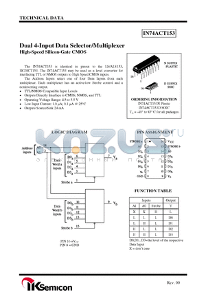 IN74ACT153N datasheet - Dual 4-Input Data Selector/Multiplexer High-Speed Silicon-Gate CMOS