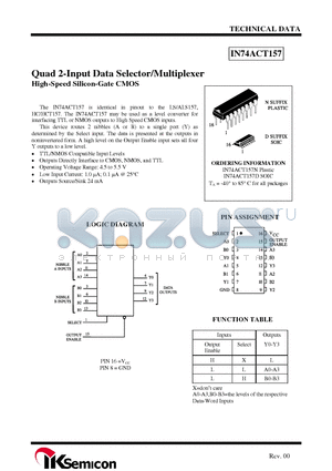 IN74ACT157N datasheet - Quad 2-Input Data Selector/Multiplexer High-Speed Silicon-Gate CMOS
