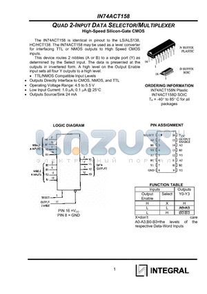 IN74ACT158 datasheet - QUAD 2-INPUT DATA SELECTOR/MULTIPLEXER