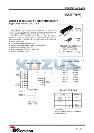 IN74ACT157 datasheet - Quad 2-Input Data Selector/Multiplexer High-Speed Silicon-Gate CMOS