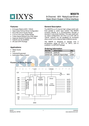 MX879 datasheet - 8-Channel, 60V Relay/Load Driver Open Drain Output, 3 Wire Interface