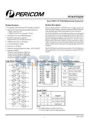 PI74LPT2Q245 datasheet - Fast CMOS 3.3V 8-Bit Bidirectional Transceiver