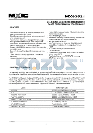 MX93521FC datasheet - ALL DIGITAL VOICE RECORDER MACHINE BASED ON THE MX93521 VOCODER CHIP