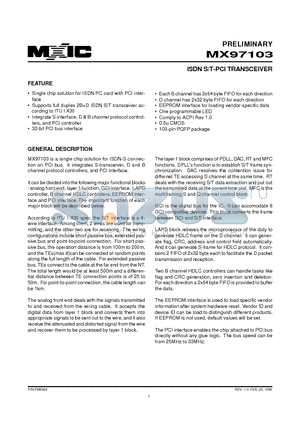 MX97103FC datasheet - ISDN S/T-PCI TRANSCEIVER