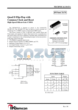 IN74ACT175D datasheet - Quad D Flip-Flop with Common Clock and Reset High-Speed Silicon-Gate CMOS