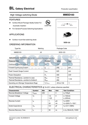 MMSD103 datasheet - High Voltage switching Diode