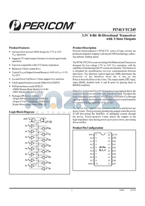 PI74LVTC245S datasheet - 3.3V 8 BIT BIDIRECTIOANAL TRANCEIVER WITH 3 STATE OUTPUTS