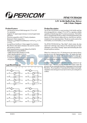 PI74LVTCH16244 datasheet - 3.3V 16-Bit Buffer/Line Driver with 3-State Outputs