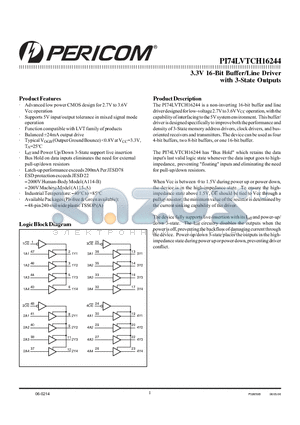 PI74LVTCH16244A datasheet - 3.3V 16-Bit Buffer/Line Driver with 3-State Outputs