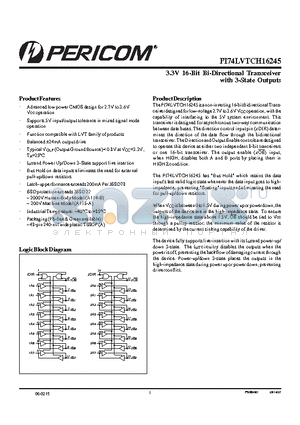 PI74LVTCH16245 datasheet - 3.3V 16-Bit Bi-Directional Transceiver with 3-State Outputs