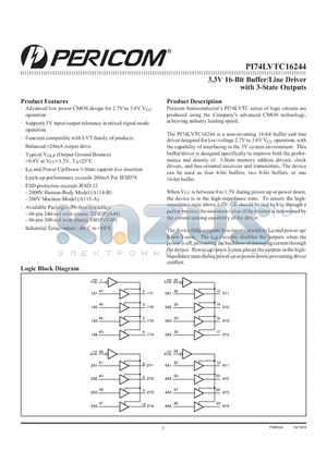 PI74LVTC16244E datasheet - 3.3V 16-Bit Buffer/Line Driver with 3-State Outputs