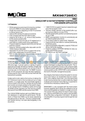 MX98728EC datasheet - GMAC SINGLE CHIP 10/100 FAST ETHERNET CONTROLLER FOR GENERIC APPLICATION