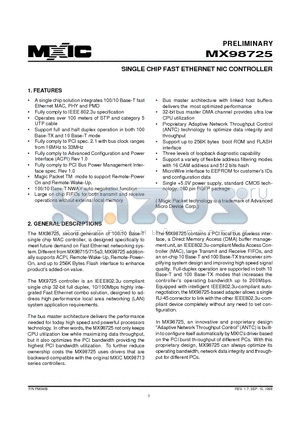 MX98725 datasheet - SINGLE CHIP FAST ETHERNET NIC CONTROLLER