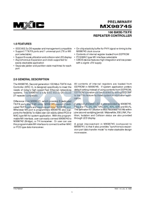 MX98745 datasheet - 100 BASE-TX/FX REPEATER CONTROLLER