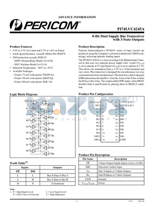 PI74LVC4245A datasheet - 8-Bit Dual Supply Bus Transceiver with 3-State Outputs