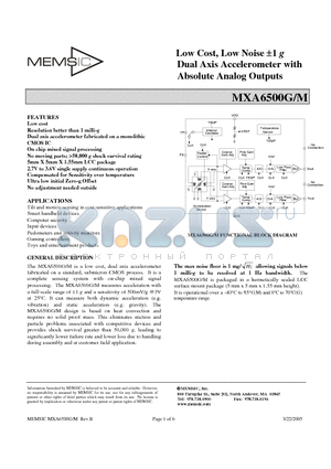 MXA6500GB datasheet - Low Cost, Low Noise a1 g Dual Axis Accelerometer with Absolute Analog Outputs