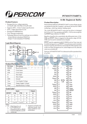 PI74SSTVF16857AAE datasheet - 14-Bit Registered Buffer