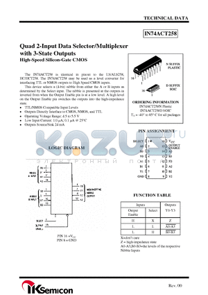 IN74ACT258 datasheet - Quad 2-Input Data Selector/Multiplexer with 3-State Outputs High-Speed Silicon-Gate CMOS