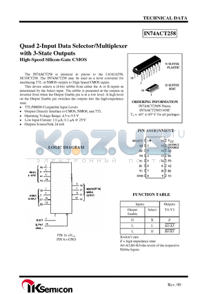 IN74ACT258N datasheet - Quad 2-Input Data Selector/Multiplexer with 3-State Outputs High-Speed Silicon-Gate CMOS