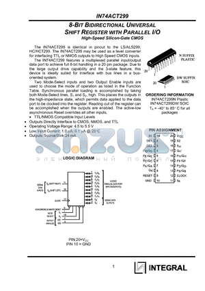IN74ACT299N datasheet - 8-BIT BIDIRECTIONAL UNIVERSAL SHIFT REGISTER WITH PARALLEL I/O