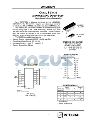 IN74ACT374DW datasheet - OCTAL 3-STATE NONINVERTING D FLIP-FLOP High-Speed Silicon-Gate CMOS